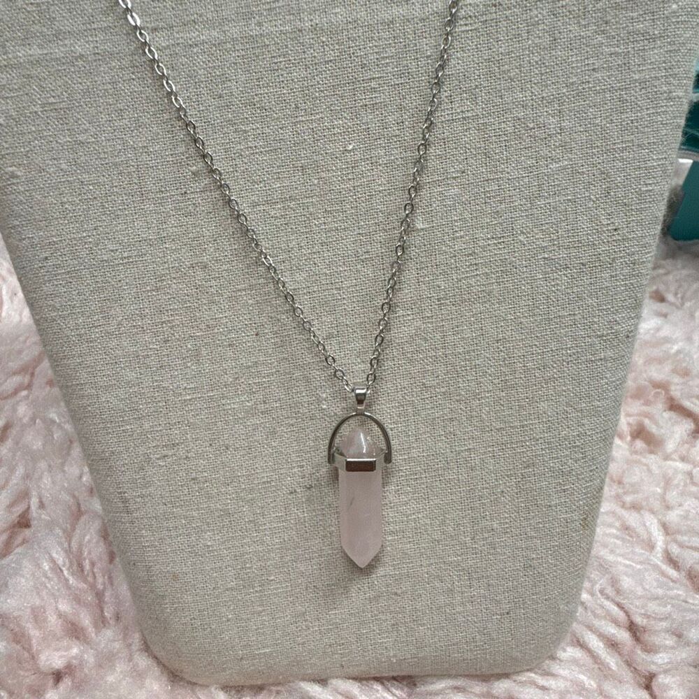 Rose Quartz Pendant Necklace in Silver Hardware - Long length 18-20”